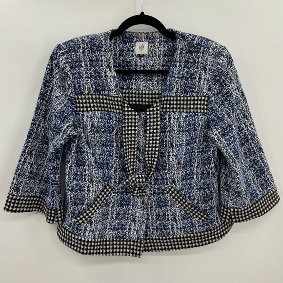 CABI Reina 21 Club Houndstooth Front Tie Blue Black Blazer Sweater Size M - Picture 2 of 6
